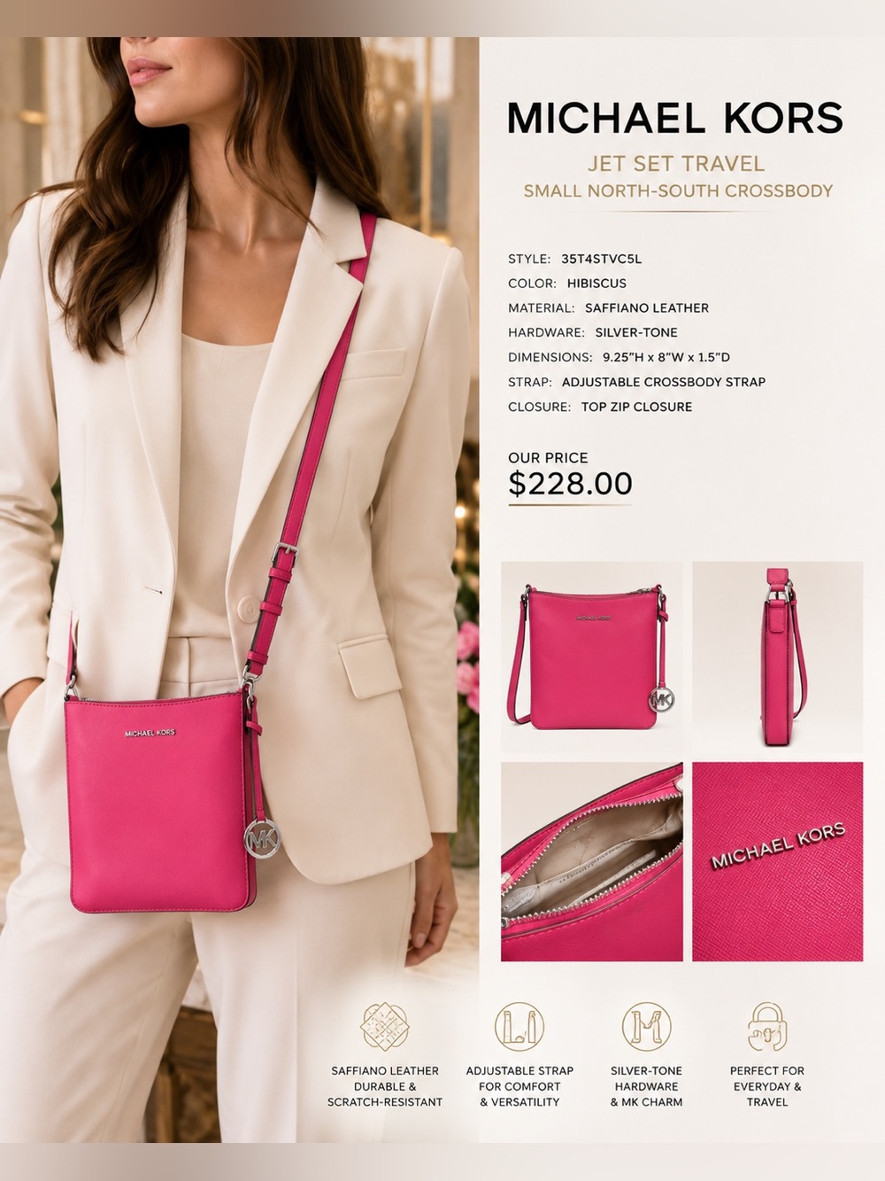 💖 NWT Michael Kors Jet Set Travel Small North-South Crossbody – Hibiscus Pink 💖